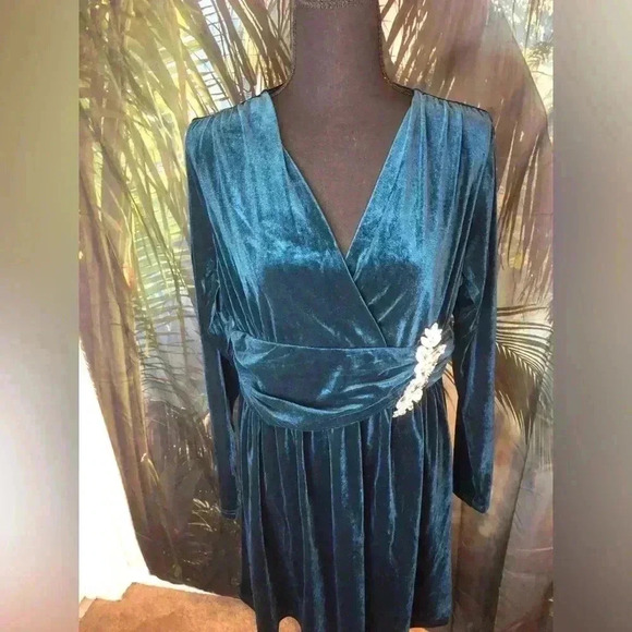Deep Teal Long Sleeve Ruched Embellished Velvet Gown size small XL Medium large - Picture 3 of 15